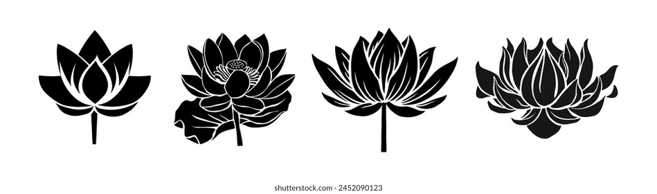 Lotus, Water Lily flower black silhouettes set. 