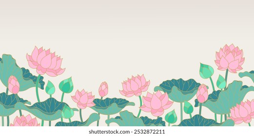 Lotus-Seerosenblumen und -blätter einzeln auf beigem Hintergrund für Dekoration und Grußvektorgrafik