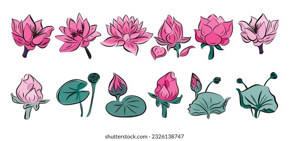 Lotus, lirio acuático con flores escarlatas, brotes y hojas,
Pintura tradicional de tinta japonesa
 Sumie de estilo oriental, ushun, gohua,
ilustración vectorial.