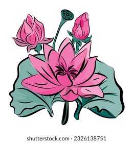 Lotus, lirio acuático con flores escarlatas, brotes y hojas,
Pintura tradicional de tinta japonesa
 Sumie de estilo oriental, ushun, gohua,
ilustración vectorial.