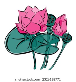 Lotus, water lily with scarlet flowers, buds and leaves,
Japanese traditional ink painting
 Eastern style sumie, ushun, gohua,
vector illustration.