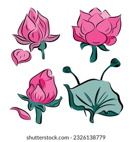 Lotus, water lily with scarlet flowers, buds and leaves,
Japanese traditional ink painting
 Eastern style sumie, ushun, gohua,
vector illustration.