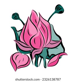 Lotus, water lily with scarlet flowers, buds and leaves,
Japanese traditional ink painting
 Eastern style sumie, ushun, gohua,
vector illustration.