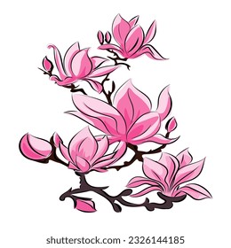 Lotus, water lily with scarlet flowers, buds and leaves,
Japanese traditional ink painting
 Eastern style sumie, ushun, gohua,
vector illustration.