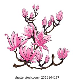 Lotus, water lily with scarlet flowers, buds and leaves,
Japanese traditional ink painting
 Eastern style sumie, ushun, gohua,
vector illustration.