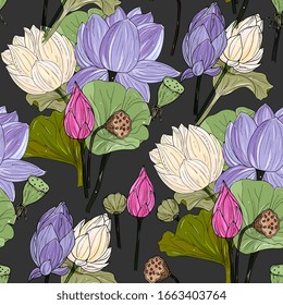 Lotus, water lily seamless pattern. Tropical background with elegant lotus flowers. A bouquet of water lilies.