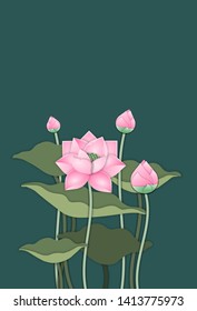 Lotus or waterlily vector illustration in paper cut design art style with copyspace an dark green background