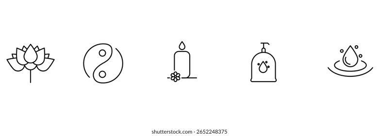 Lotus wellness yin yang harmony icons with candle water drop soap bottle balance purity spa concept vector illustration set.