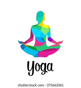 Lotus yoga pose. Abstract colorful illustration for pattern. Flat polygonal design style. Vector drawn for label, icon, web