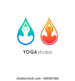 Lotus Yoga Pose Icon. Vector Yoga Meditation Symbol. Human Sitting in Lotus Pose. Relax Asana Illustration. Silhouette in Drop Shape. 