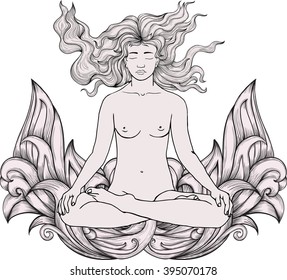 Lotus Yoga Pose. Meditation woman. Vector. 