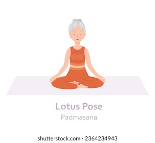Lotus Yoga pose. Padmasana. Elderly woman practicing yoga asana. Healthy lifestyle. Flat cartoon character. Vector illustration
