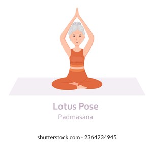 Lotus Yoga pose. Padmasana. Elderly woman practicing yoga asana. Healthy lifestyle. Flat cartoon character. Vector illustration