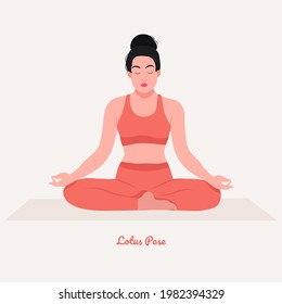 Lotus Yoga pose. Young woman practicing yoga  exercise. Woman workout fitness, aerobic and exercises. Vector Illustration.