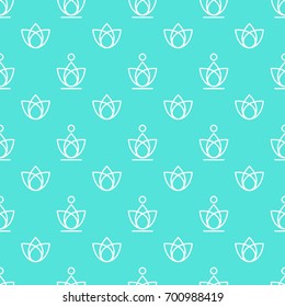 Lotus and yoga seamless pattern of line stile on blue background.