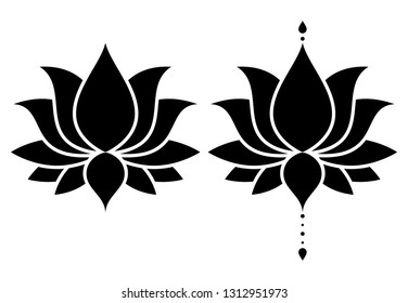 Lotus zen flower vector design set, Yoga decorative background - boho style. 

Lotus or water lilly shapes, graphic elements in black on white background, Indian modern decoration 