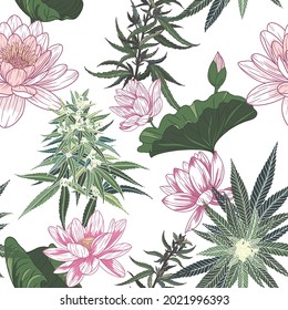 Lótulos y flores y hojas de cannabis. Patrón vectorial sin problemas con ilustraciones hechas a mano