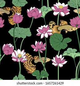 Lotuses and fish seamless vector pattern. Floral art for fabric and Wallpaper with goldfish.