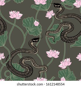 Lotuses , leaves and golden snakes. Vector seamless pattern. Vintage  texture. 