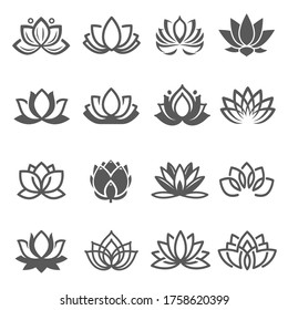 Lotuses, nelumbos black line and bold icons set isolated on white. Blooming flowers pictograms collection. Yoga, ayurveda sacred symbol logos. Blossom, aquatic plant vector elements for web.