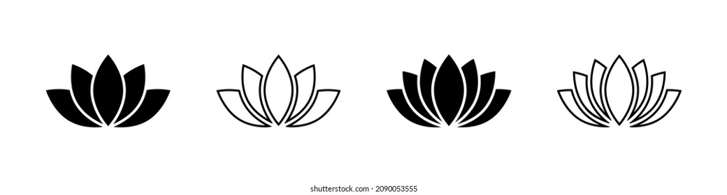 Lotuses, nelumbos black line icon. Blooming flowers pictograms collection. Yoga, ayurveda sacred symbol logos. Water lily logo design.