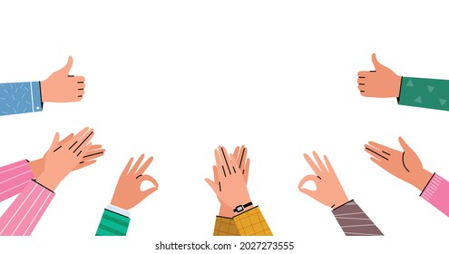 Loud Applause, Greeting And Support. Human Hands Clap And Thumbs Up. Illustration Of Team Support, Public Approval, Public Congratulations. 