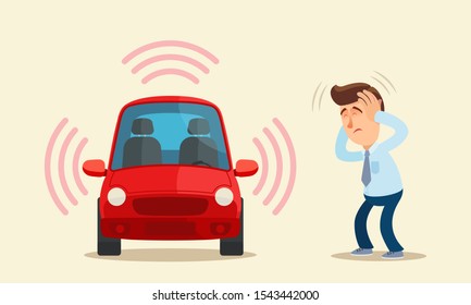 Loud car alarm terrorize people. Auto alarm signal disturbs people and prevents sleep. Loud car music. Stressed man covered ears with hands. Vector illustration flat cartoon style. Isolated background