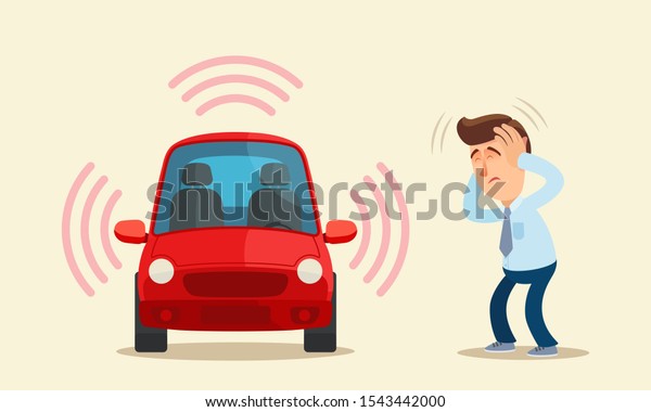 Loud car alarm terrorize people. Auto alarm\
signal disturbs people and prevents sleep. Loud car music. Stressed\
man covered ears with hands. Vector illustration flat cartoon\
style. Isolated\
background