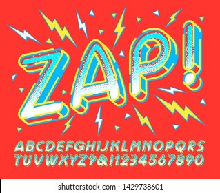 A loud and colorful alphabet for attention-getting headlines; includes electrical spark and lightning-bolt graphics.