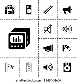 Loud icon. collection of 13 loud filled and outline icons such as speaker, drum stick, megaphone, no sound. editable loud icons for web and mobile.