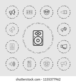 Loud icon. collection of 13 loud outline icons such as emoji in mask, megaphone, loudspeaker, volume, speaker. editable loud icons for web and mobile.