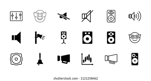 Loud icon. collection of 18 loud filled and outline icons such as speaker, megaphone, bell, emoji in mask, no sound, sliders, volume. editable loud icons for web and mobile.