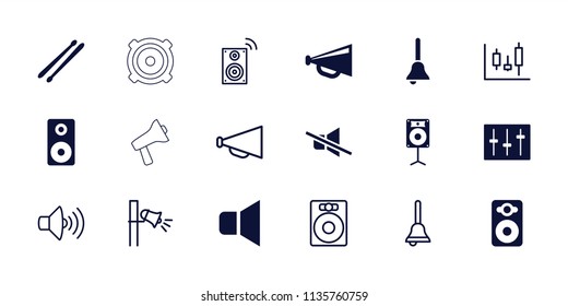 Loud icon. collection of 18 loud filled and outline icons such as megaphone, speaker, sliders, drum stick, loudspeaker, bell. editable loud icons for web and mobile.