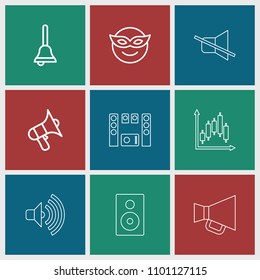 Loud icon. collection of 9 loud outline icons such as emoji in mask, volume, bell, panel control, speaker, megaphone. editable loud icons for web and mobile.