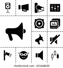 Loud icon. set of 13 filled loudicons such as emoji in mask, volume, megaphone, no sound, speaker, sliders, loud speaker with equalizer, loudspeaker