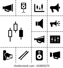 Loud icon. set of 13 filled loudicons such as megaphone, volume, sliders, drum stick, loudspeaker, speaker, panel control