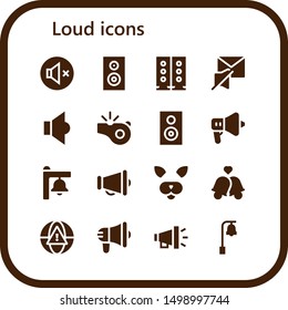 loud icon set. 16 filled loud icons.  Collection Of - Mute, Woofer, Speakers, Speaker, Whistle, Bell, Megaphone, Filter, Bells, Alarm