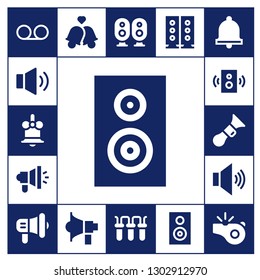  loud icon set. 17 filled loud icons.  Simple modern icons about  - Voice message, Volume, Bell, Woofer, Megaphone, Speaker, Horn, Bells, Loudspeaker, Filter, Speakers, Whistle