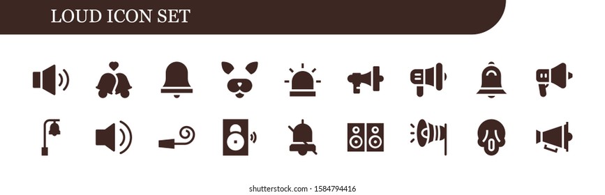 loud icon set. 18 filled loud icons.  Collection Of - Volume, Bells, Alarm bell, Filter, Alarm, Megaphone, Bell, Speaker, Audio, Party whistle, Speakers, Scream icons