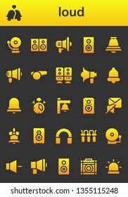 loud icon set. 26 filled loud icons.  Collection Of - Alarm, Bells, Speakers, Megaphone, Woofer, Bell, Whistle, Speaker, Alarm bell, Mute, Loudspeaker, Audio, Filter, Volume, Amplifier