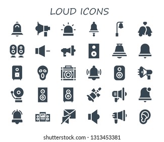 loud icon set. 30 filled loud icons.  Collection Of - Bell, Megaphone, Alarm, Bells, Loudspeaker, Volume, Speaker, Alarm bell, Scream, Amplifier, Woofer, Mute, Ear
