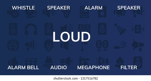 loud icon set. 32 filled loud icons. on blue background style Collection Of - Whistle, Speaker, Alarm, Alarm bell, Audio, Megaphone, Filter, Volume, Scream, Bell, Propaganda, Speakers