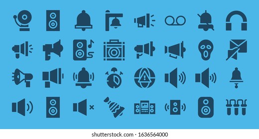 loud icon set. 32 filled loud icons. Included Alarm, Megaphone, Volume, Woofer, Loudspeaker, Subwoofer, Bell, Speakers, Amplifier, Voice message, Speaker, Scream, Audio icons