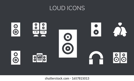 lautes Symbol gesetzt. 9 gefüllte, laute Symbole. Einschließlich Subwoofer, Lautsprecher, Lautsprecher, Woofer, Lautsprecher, Glocken, Audiosymbole