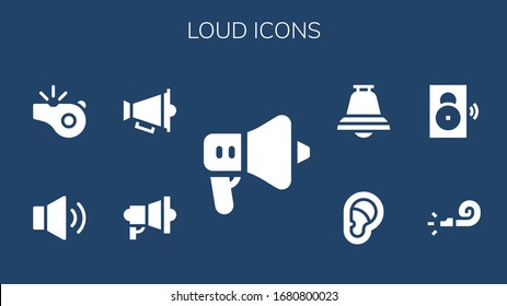 loud icon set. 9 filled loud icons. Included Speaker, Megaphone, Volume, Whistle, Ear, Bell icons