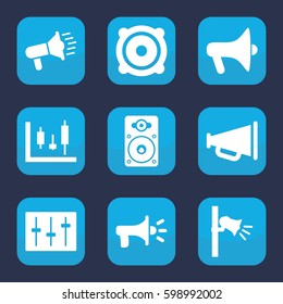 loud icon. Set of 9 filled loud icons such as speaker, sliders, loudspeaker, megaphone