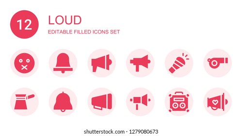 loud icon set. Collection of 12 filled loud icons included Muted, Bell, Megaphone, Horn, Filter, Amplifier, Whistle