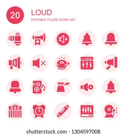 loud icon set. Collection of 20 filled loud icons included Filter, Vuvuzela, Volume up, Bell, Megaphone, Mute, Ringer, Levels, Loudspeaker, Amplifier, Alarm, Level, Ring bell