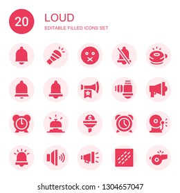 loud icon set. Collection of 20 filled loud icons included Bell, Horn, Muted, Alarm, Ringer, Vuvuzela, Filter, Megaphone, Ring bell, Volume, Noise, Whistle