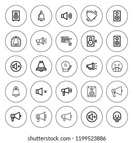 Loud icon set. collection of 25 outline loud icons with angry, bell, control panel, megaphone, loudspeaker, mute, ring bell, scream, speaker, subwoofer icons. editable icons.